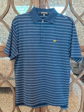Peter Millar Navy and White Master's Striped Polo with Yellow Logo